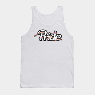 Pansexual pride flag colored ribbon wrapped around the letters of the word PRIDE Tank Top